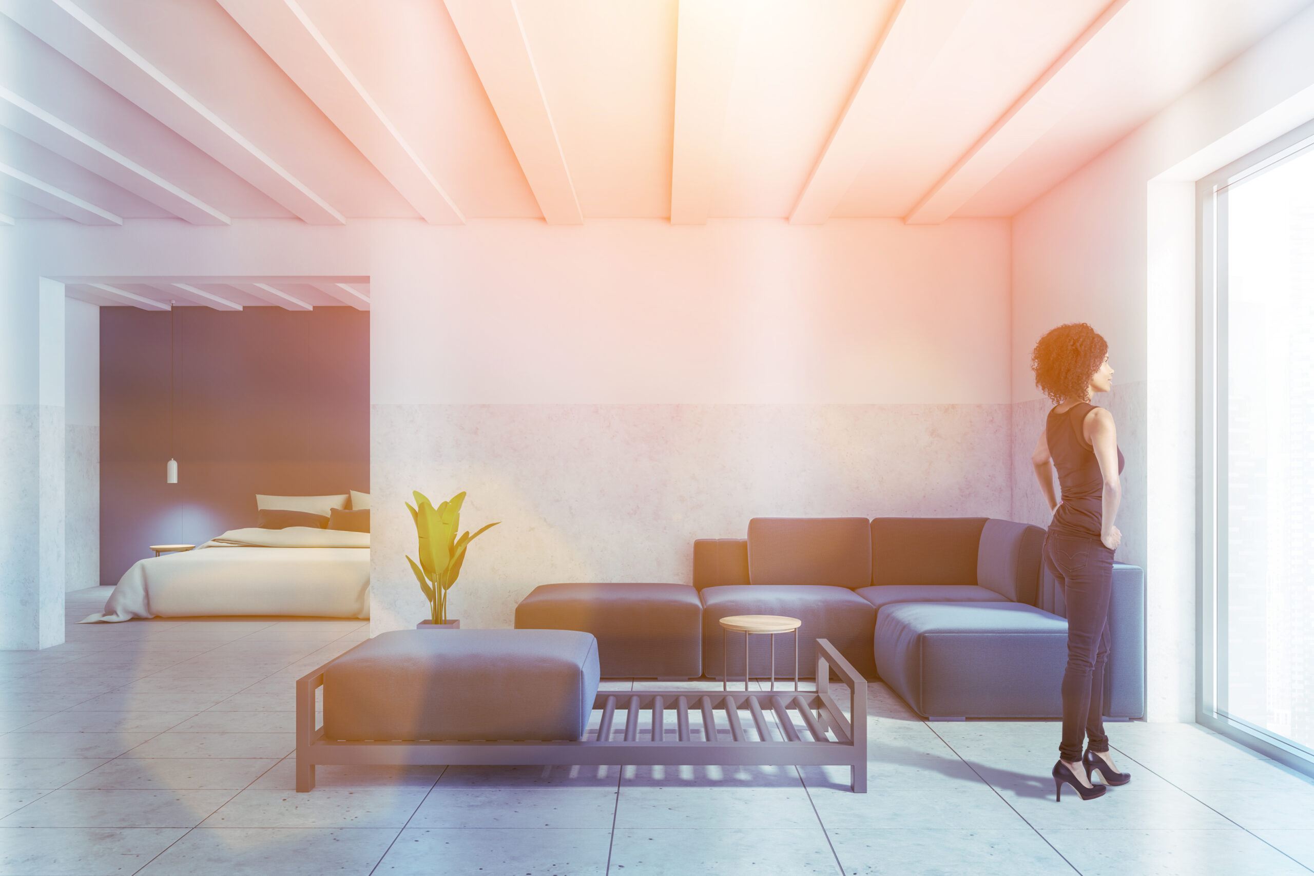 Young,African,American,Woman,Standing,In,Modern,Living,Room,With